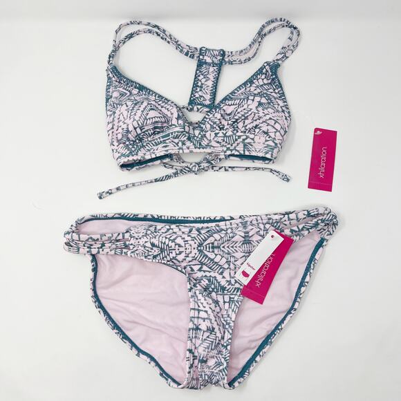 New Xhilaration XSmall Pink Blue Tribal Print Halter Bikini Top S Hipster Bottom - Picture 1 of 13